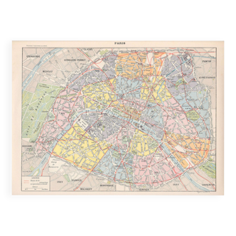 Old map of Paris, late 19th century