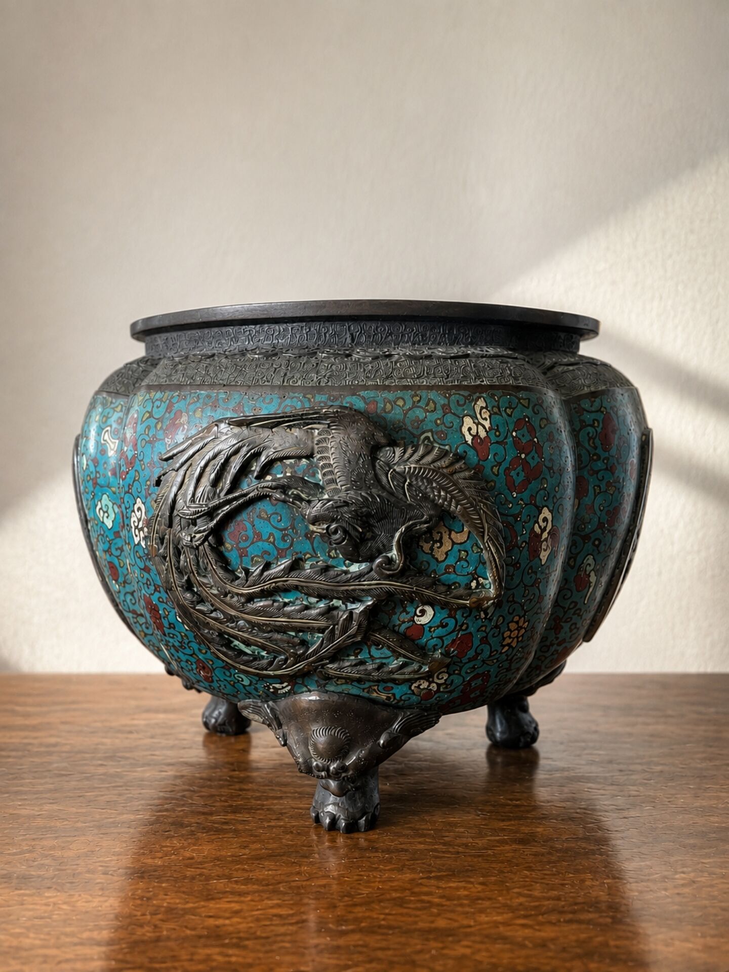 Cache pot bronze cloisonné meiji (fin 19eme).