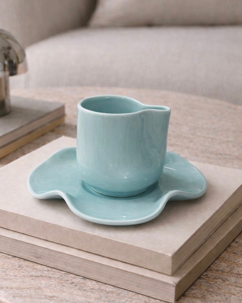Set of wavy ceramic cup and saucer - sky blue