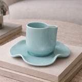 Set of wavy ceramic cup and saucer - sky blue