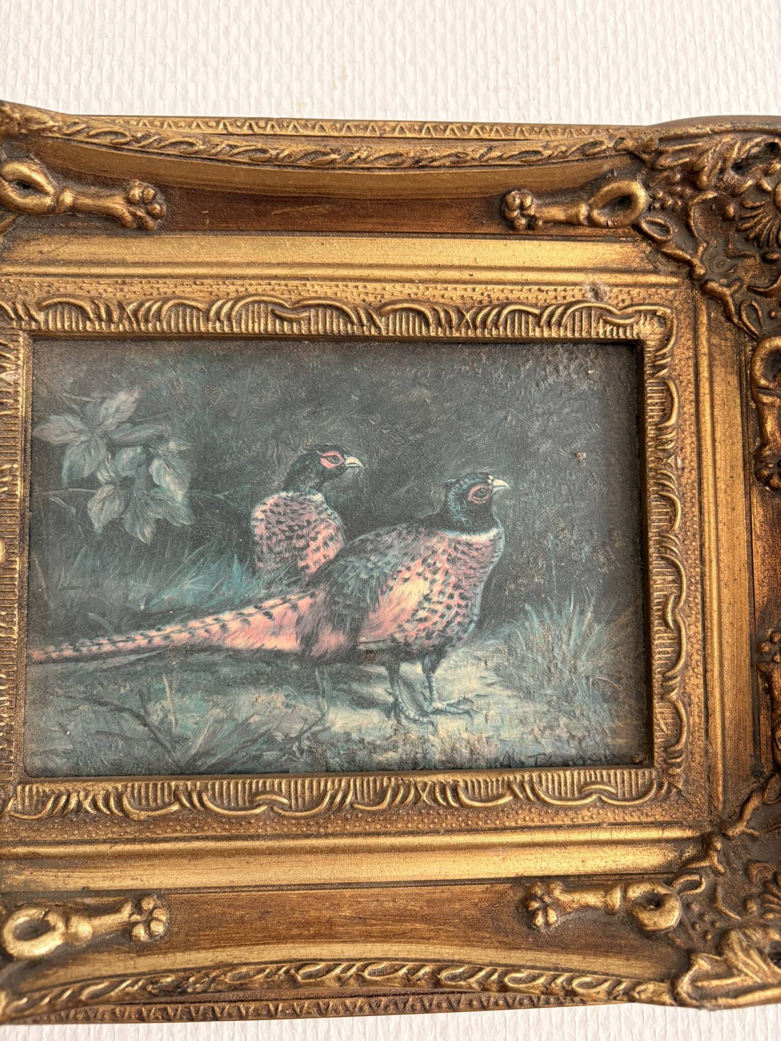 Ancient Impressionist Painting Hunting Pheasant English Rococo Frame
