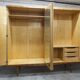 1960s Scandinavian wardrobe, blonde varnished wood, unusual, 4 doors, 3 drawers, 7 shelves.
