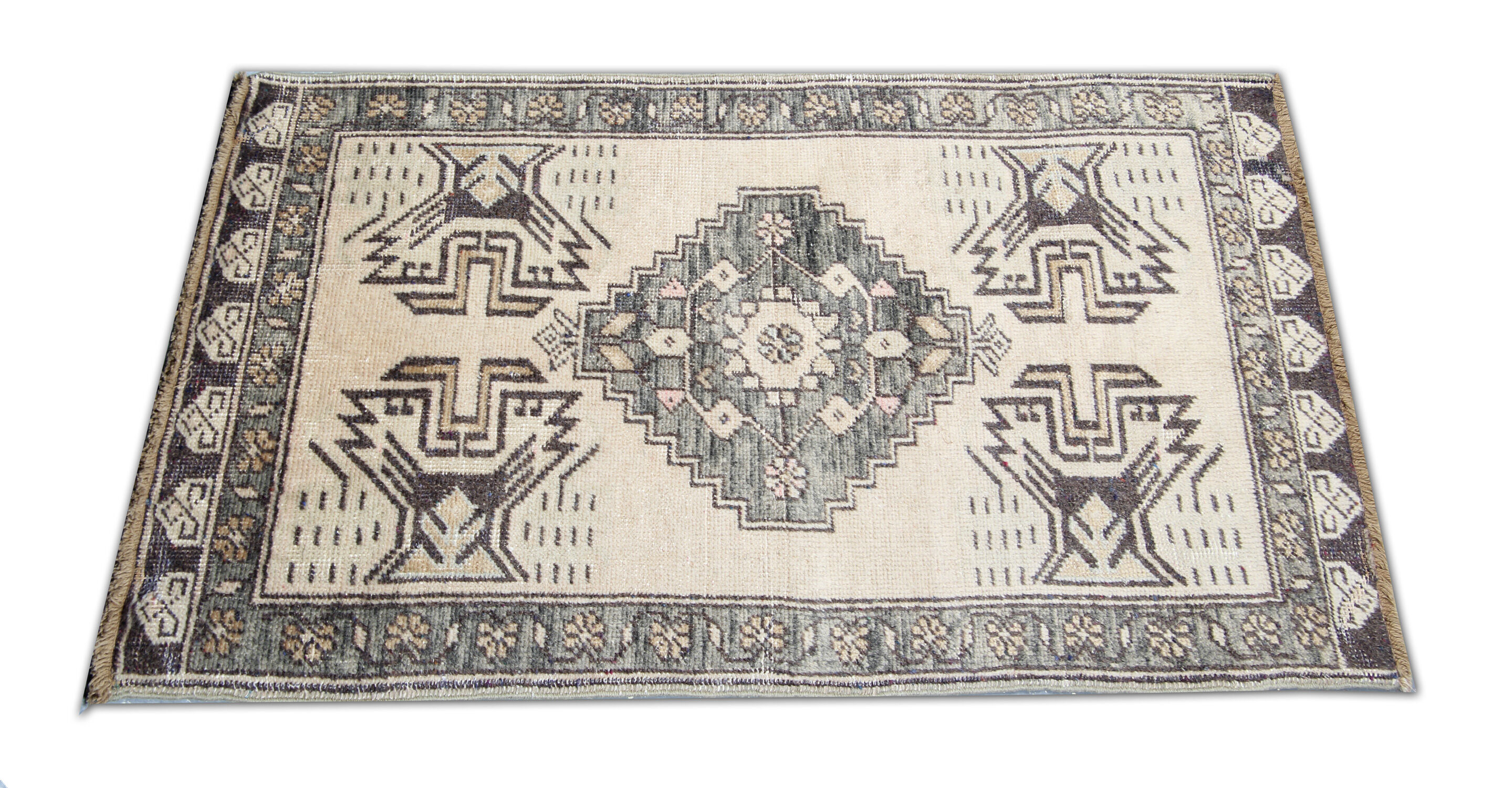 Turkish rug, handmade cream wool 54x116cm