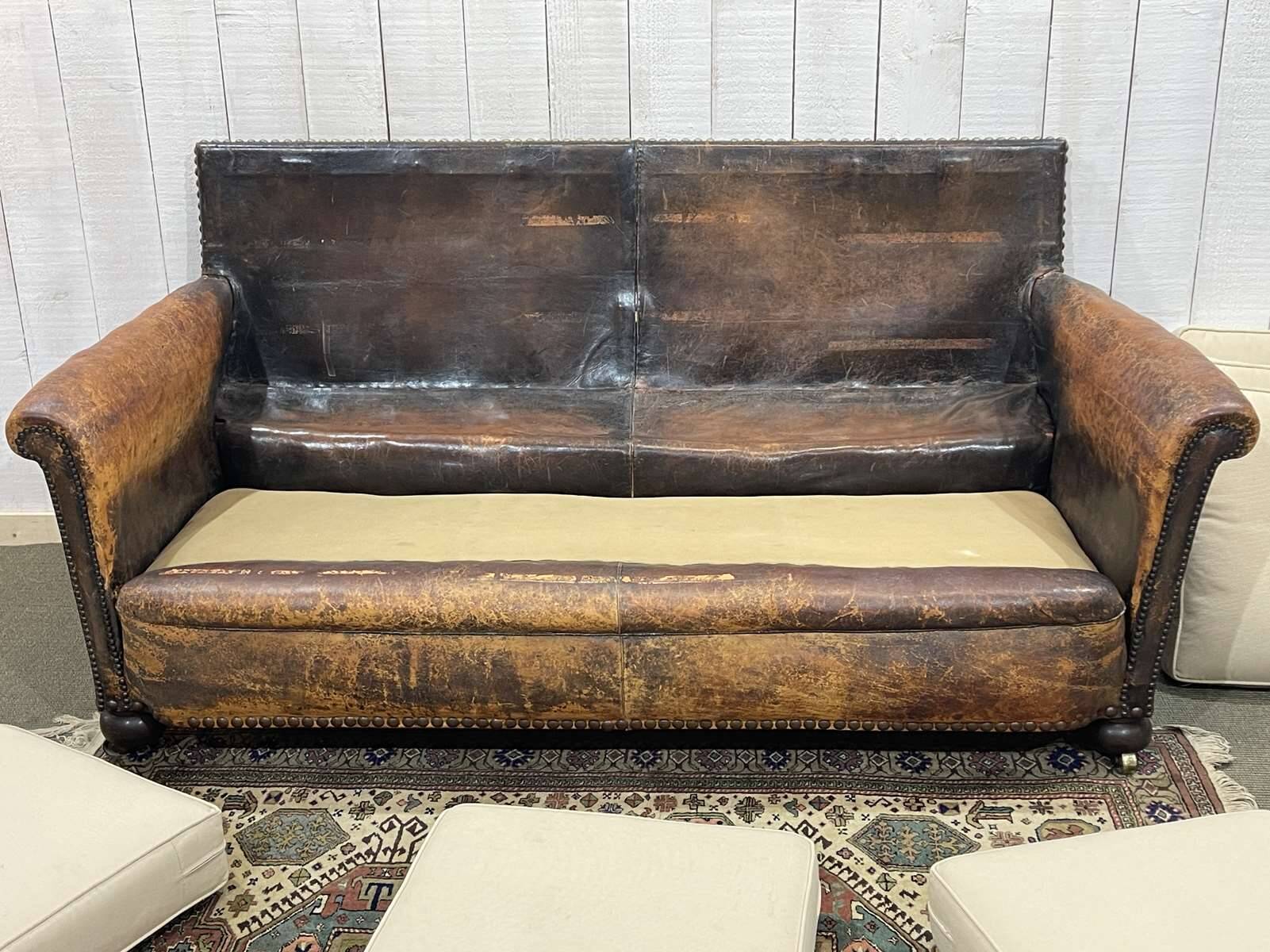 Early 20th century leather club sofa - seat and back in modern fabric
