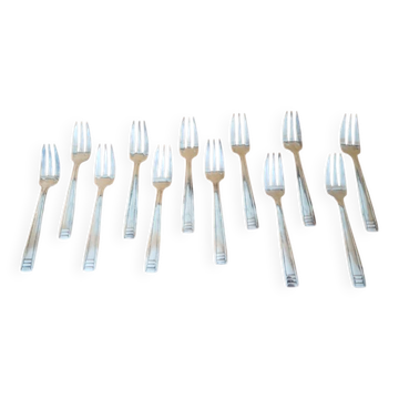 Cailar Bayard Série de 12 fourchettes à desserts en métal argenté Art Déco