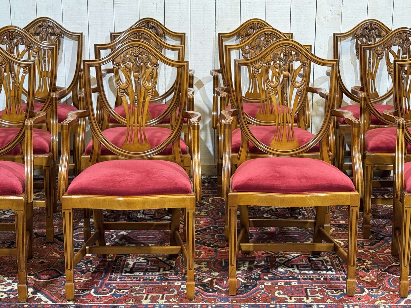 Set of 12 English Regency style beech armchairs from the 1970s.