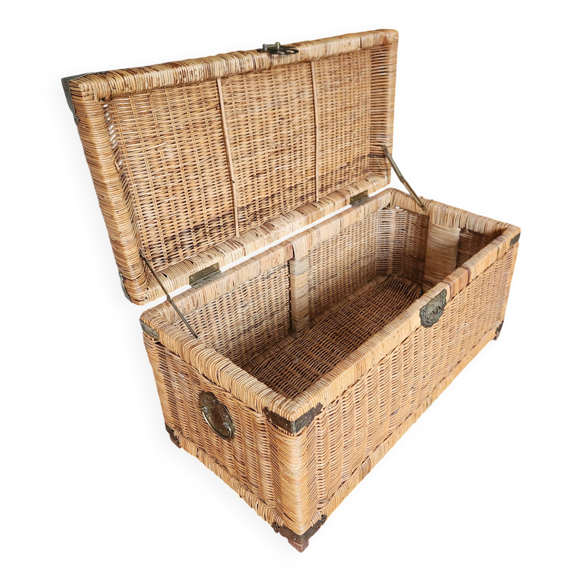 Antique vintage wicker trunk with brass fittings