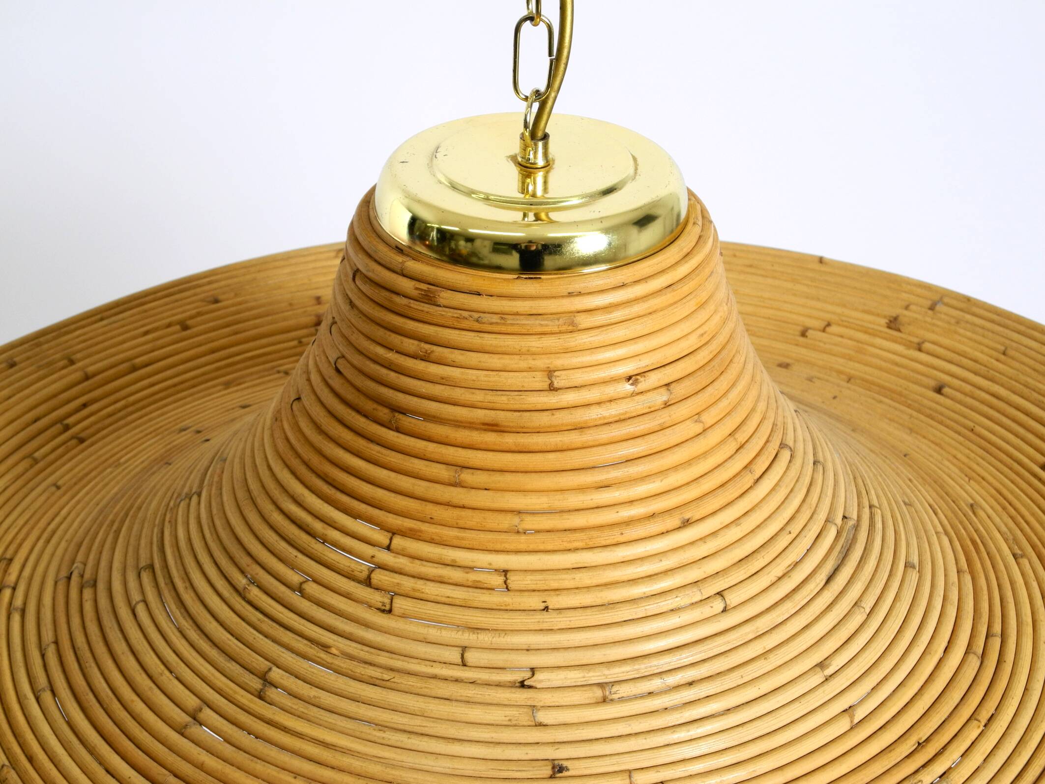 Beautiful, large Italian 1970s bright bamboo wood ceiling pendant lamp