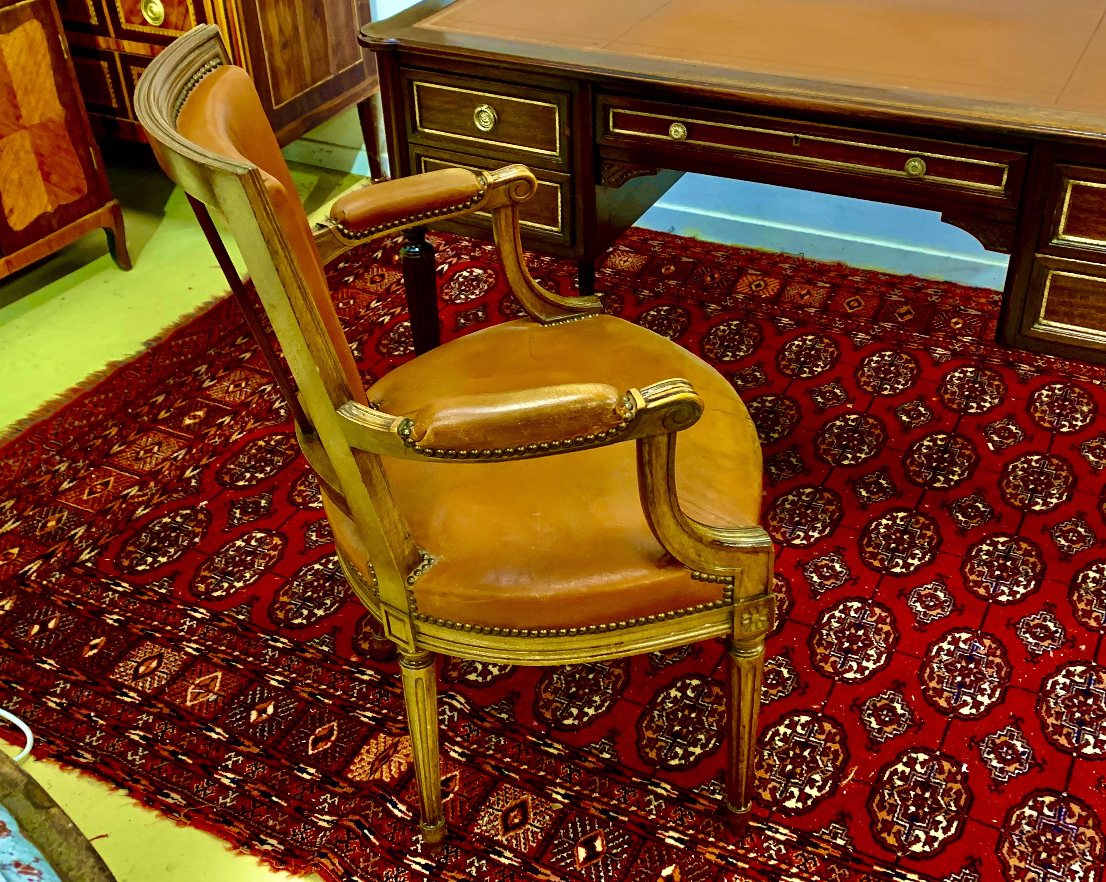 Louis XVI style desk, mahogany, tan leather