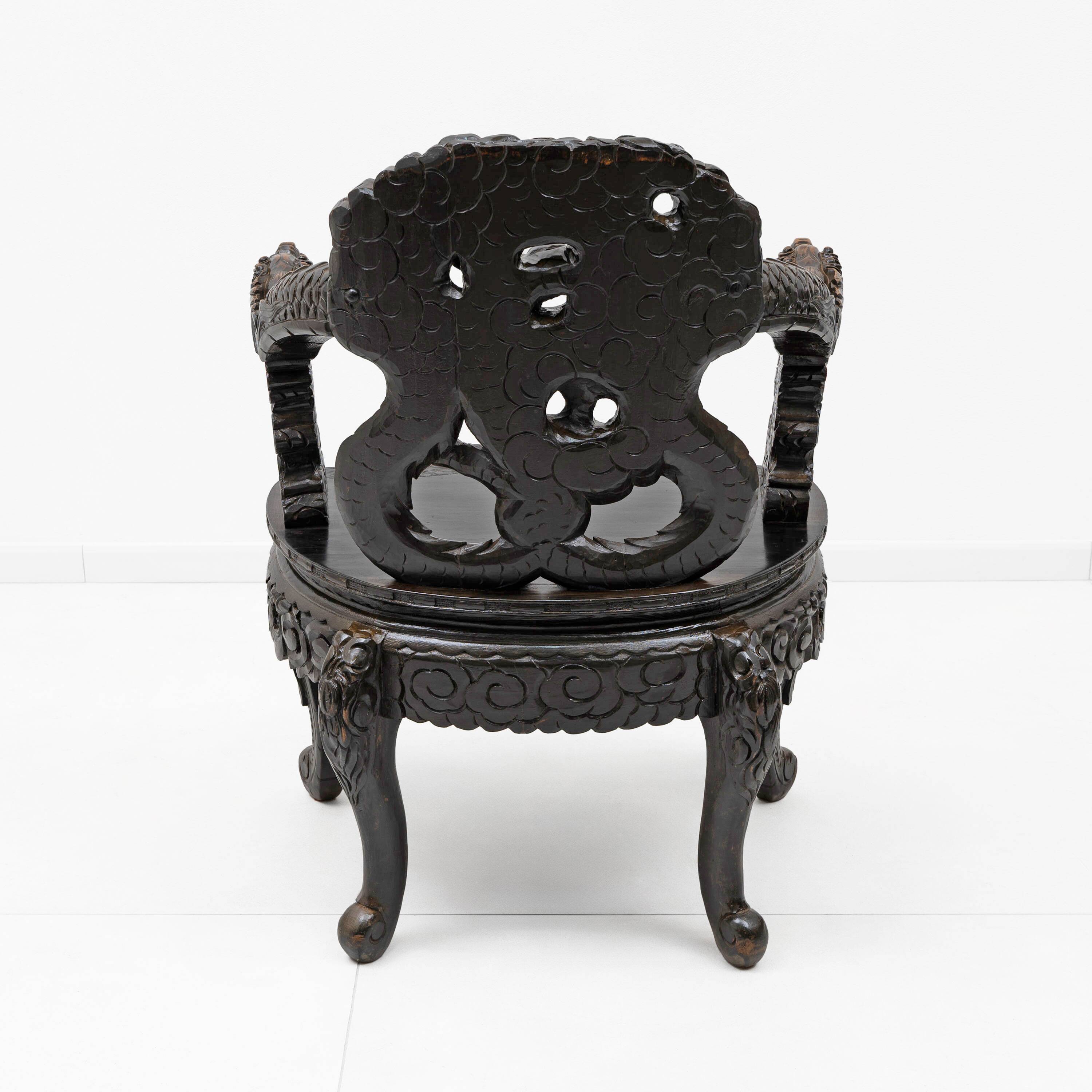 Pair of Chinese Qing Dynasty Carved Dragon Armchairs,Ebonized Hardwood,19th