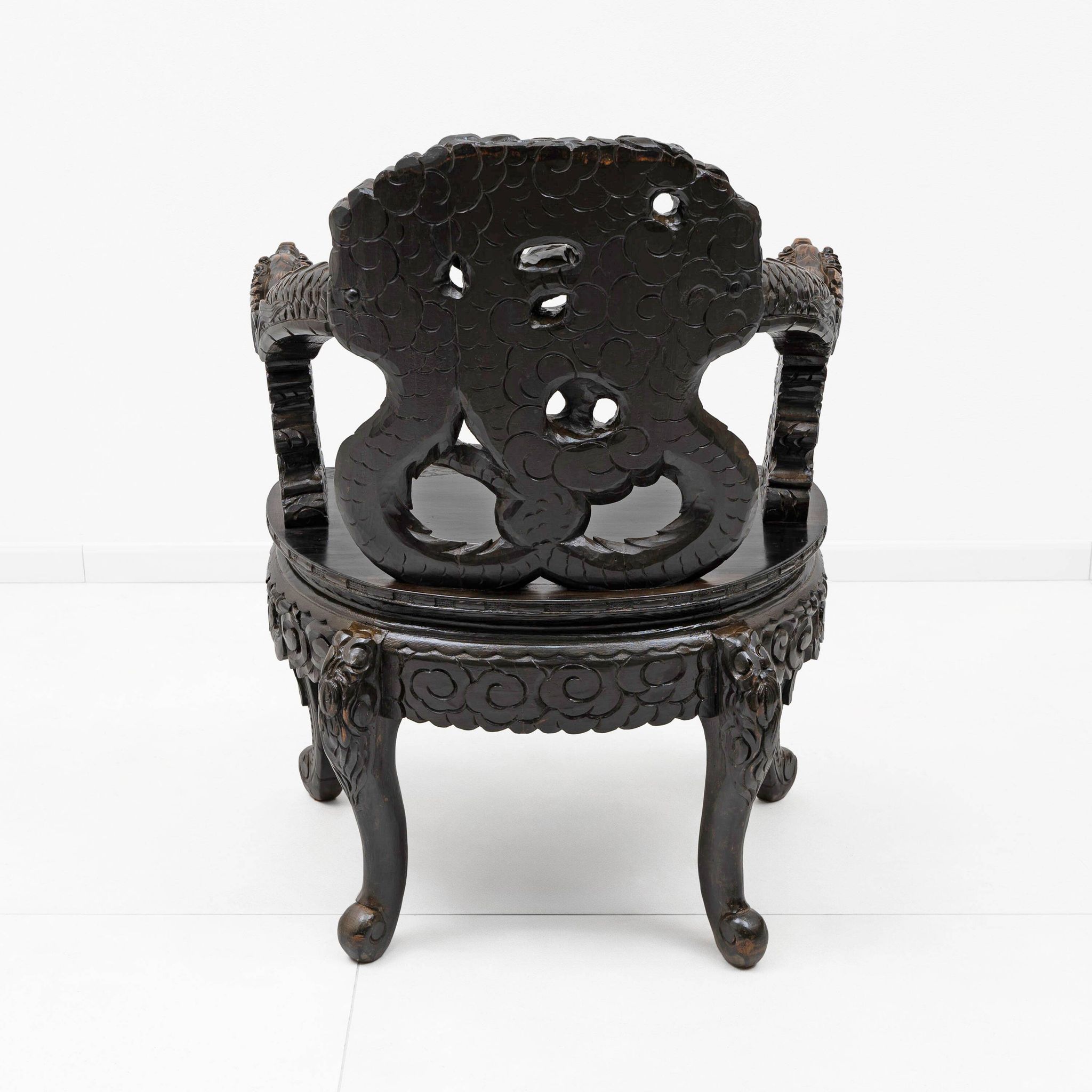 Pair of Chinese Qing Dynasty Carved Dragon Armchairs,Ebonized Hardwood,19th