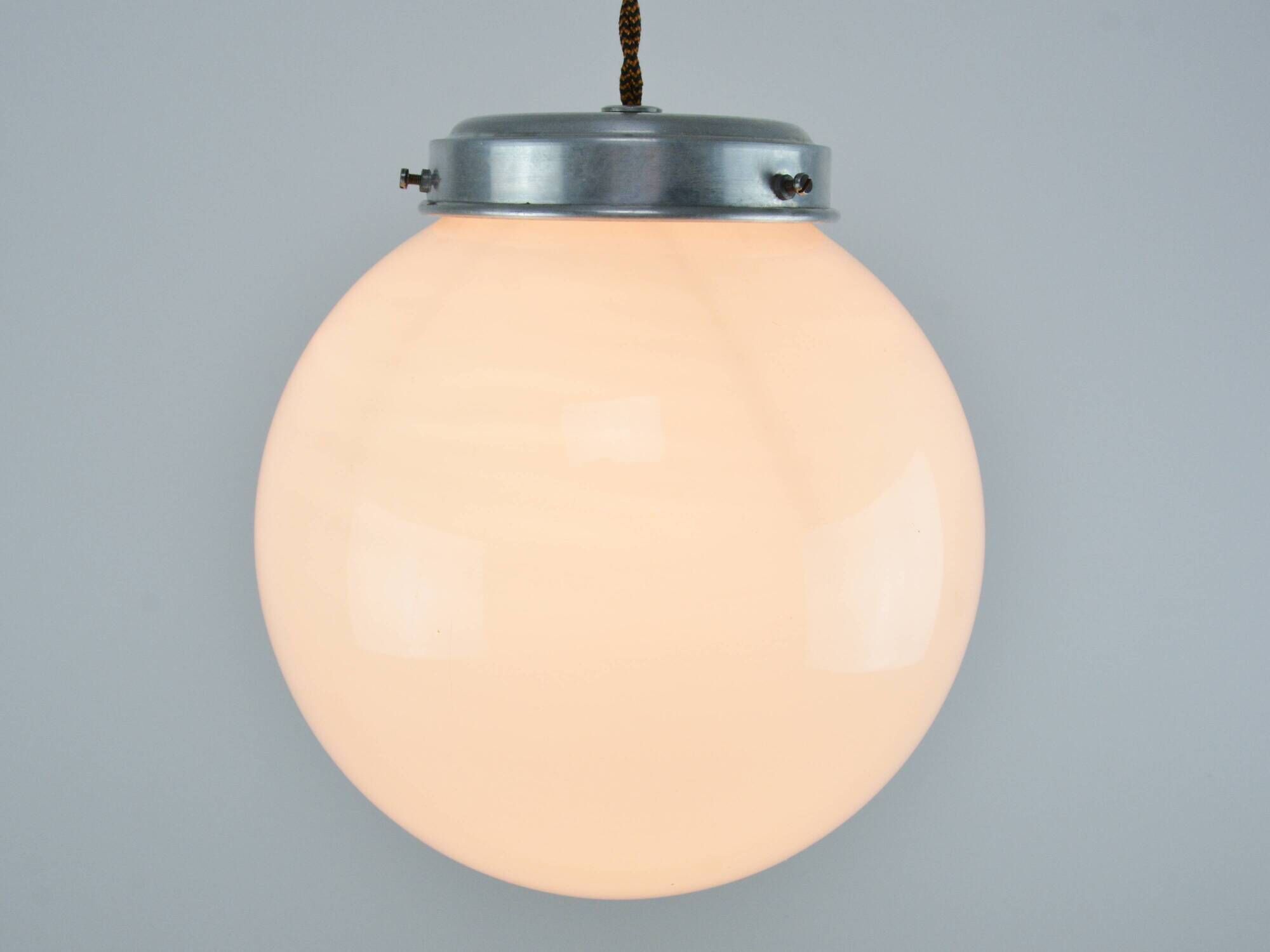 Small Mid-Century Italian Opaline & Metal Sphere Pendant Lamp