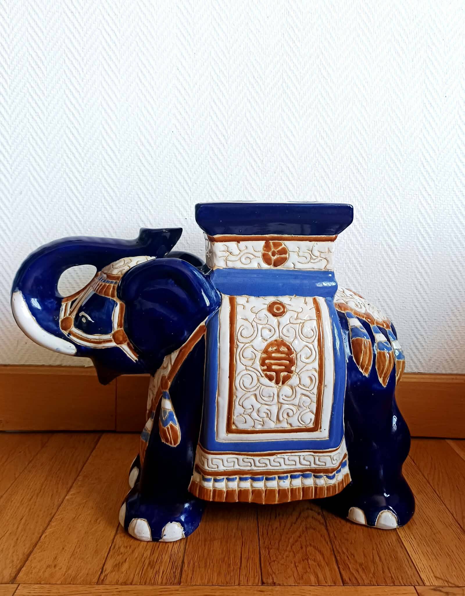 Stool or elephant plant stand in blue ceramic