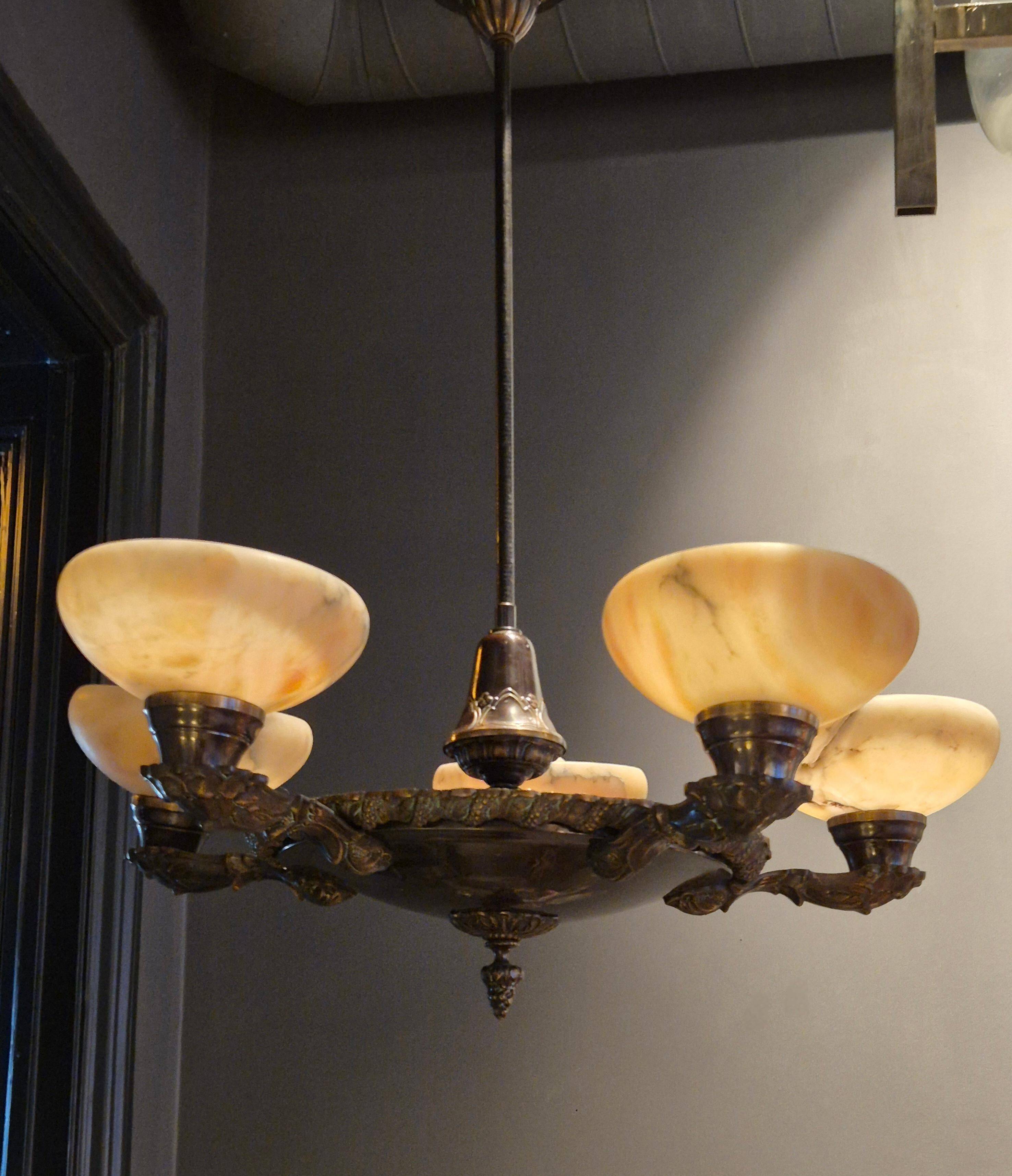 Decorative lustre from the early 1900s, in bronze and alabaster, Swedish Jugend.