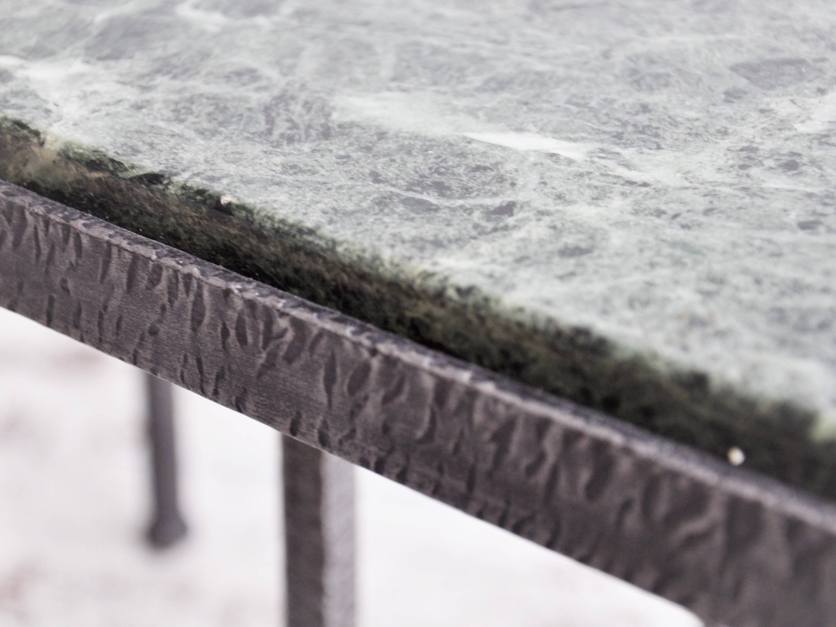 Green nesting coffee table with marble top and iron frame