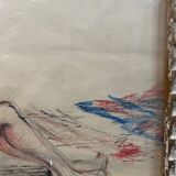 Dry pastels on paper “woman knitting on the beach”