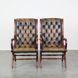Set of 2 Green Leather English Chesterfield Armchairs Combined with wood