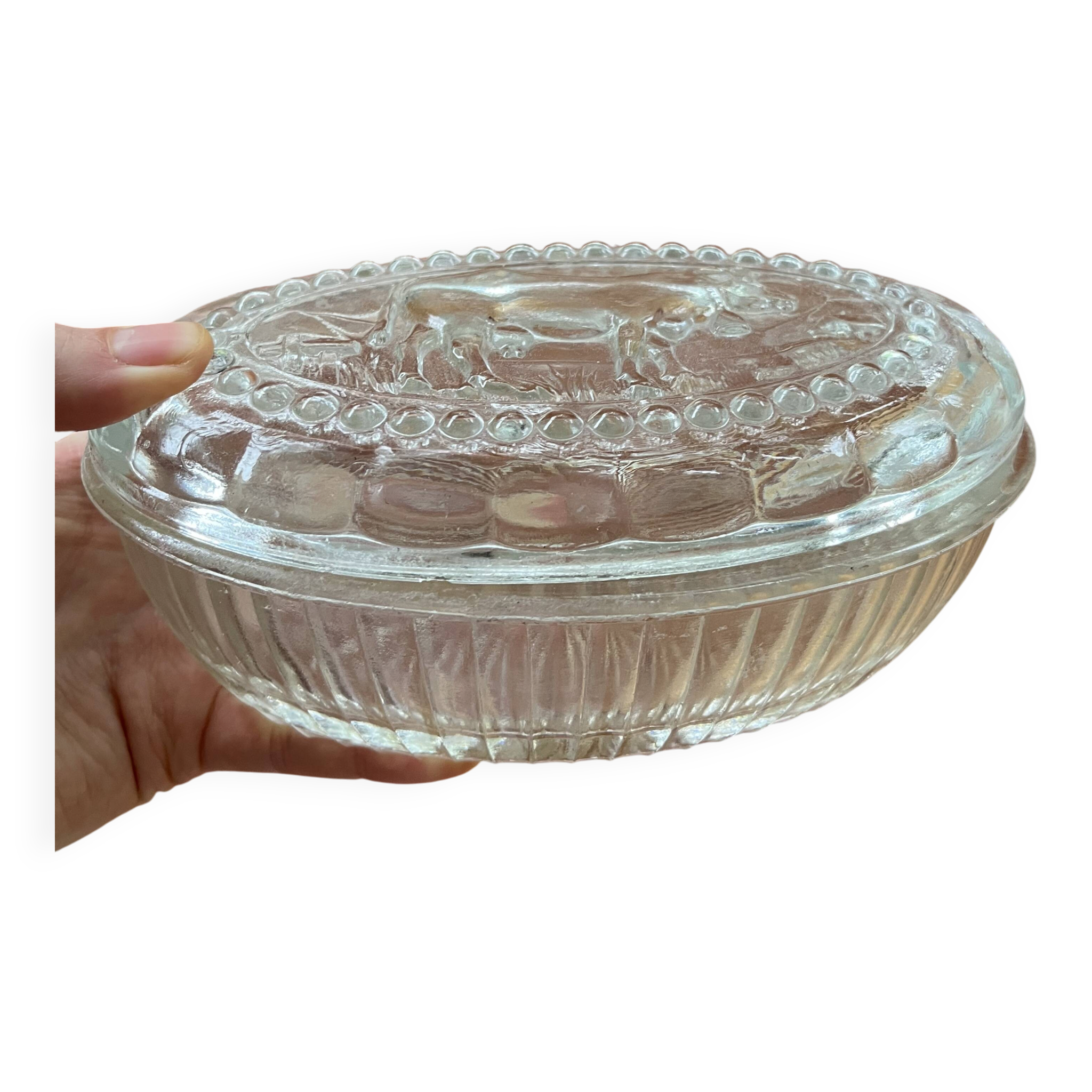 Glass butter dish with cow pattern