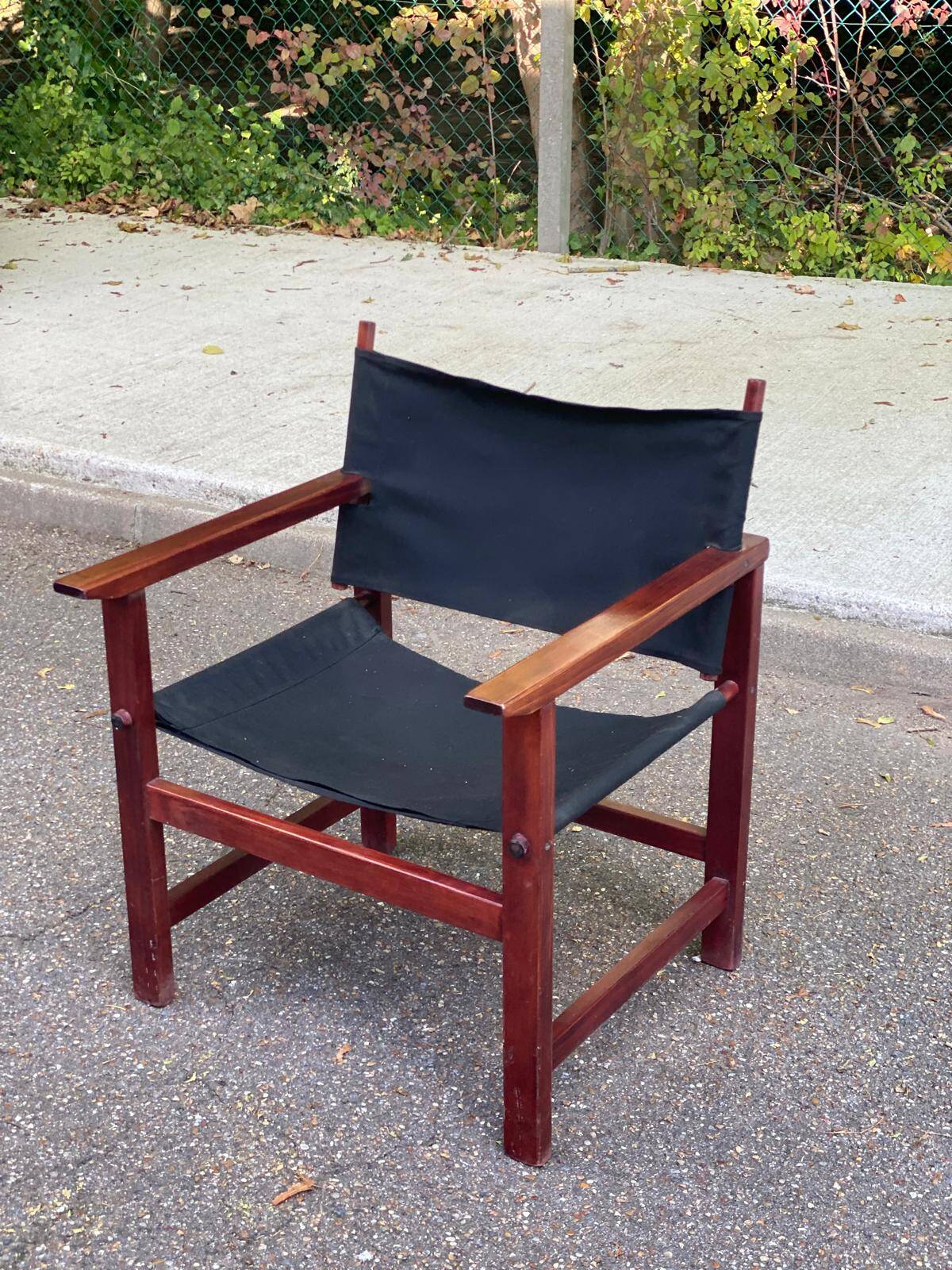 Fauteuil safari en bois massif acajou et tissu noir
