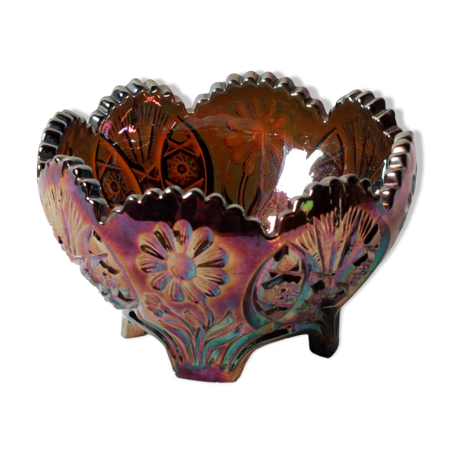 Carnival Glass Bowl / Iridescent Sunk Daisy Pattern / Eda Glasbruk / Sweden