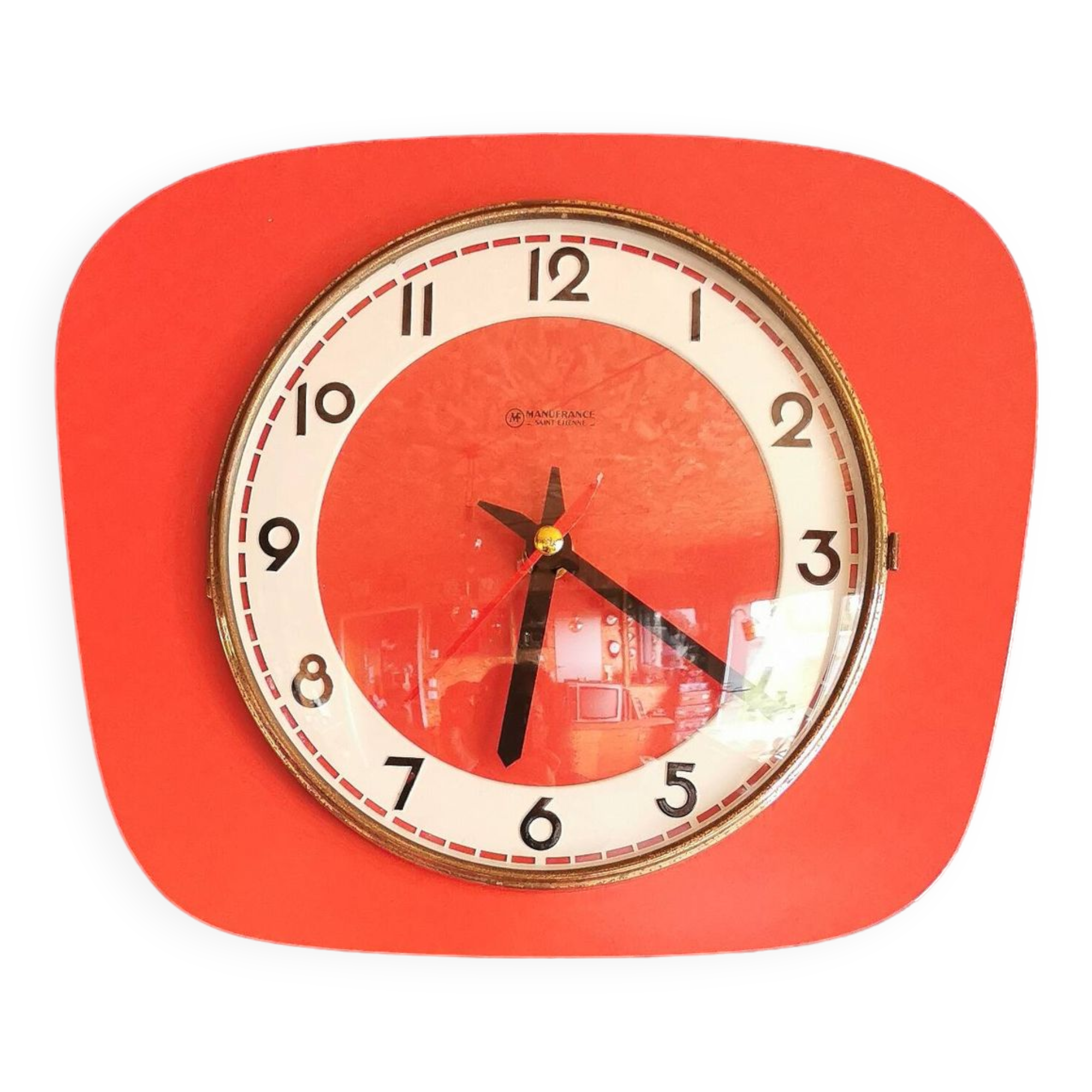 Vintage formica clock silent trapeze wall pendulum "Manufrance red"