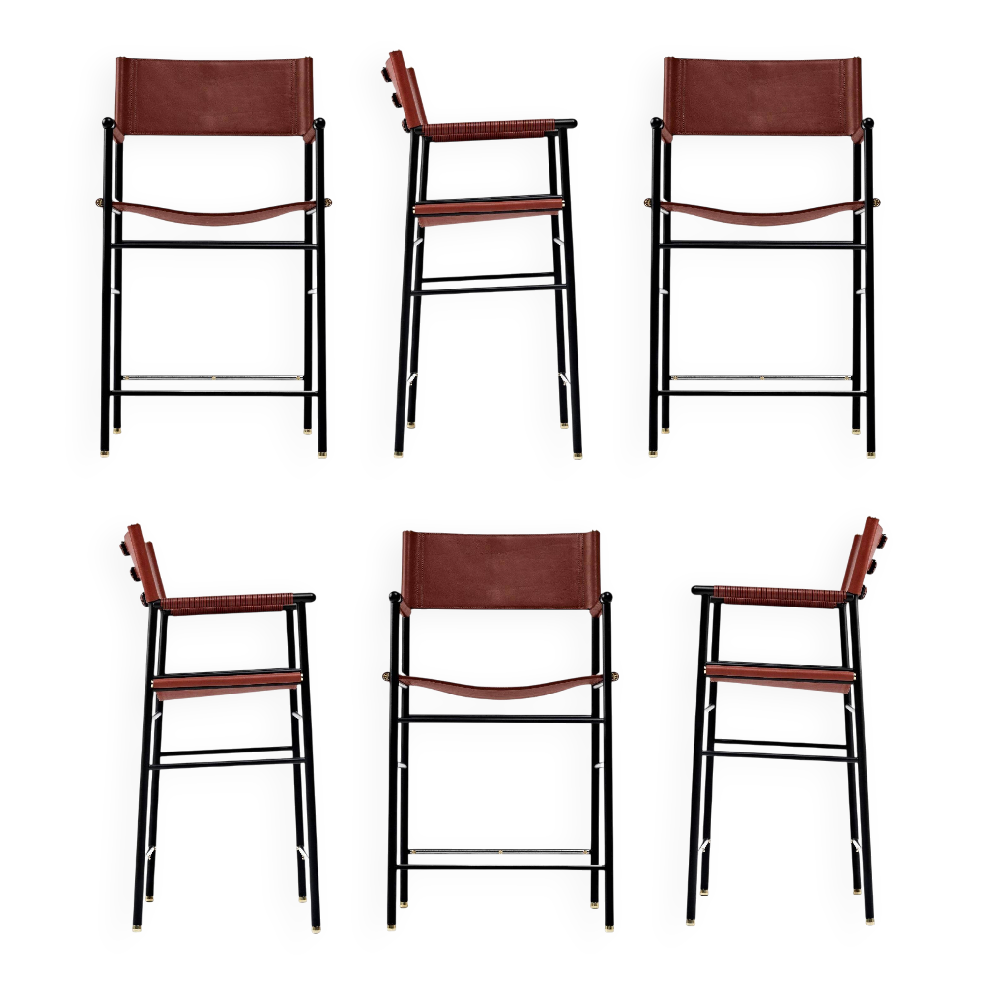 Set of 6 bar stools with backrest in cognac leather and black rubber metal.