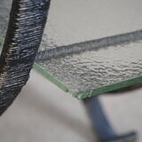 Decorative shelf unit, round metal frames with curved legs and glass shelves, 1960.