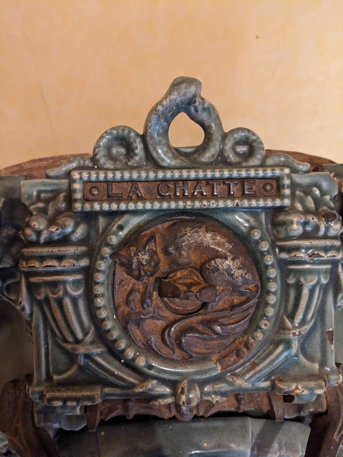 Mobile cast iron stove model "la chatte" designed by the French engineer Edmond Chaboche in 1883