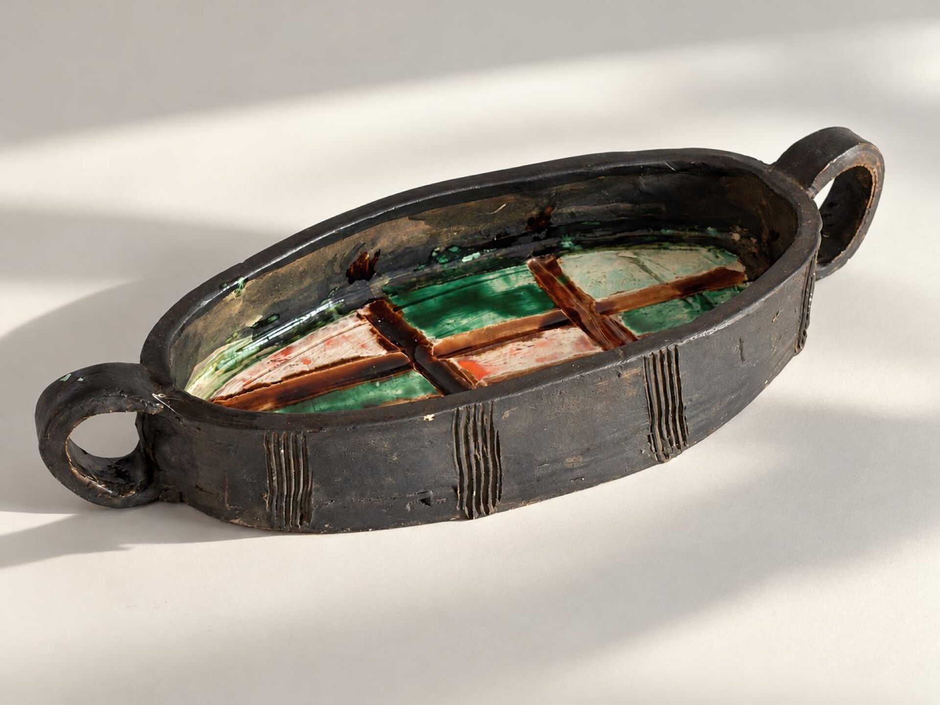 Oval bowl with two handles in glazed ceramic, 1970-71