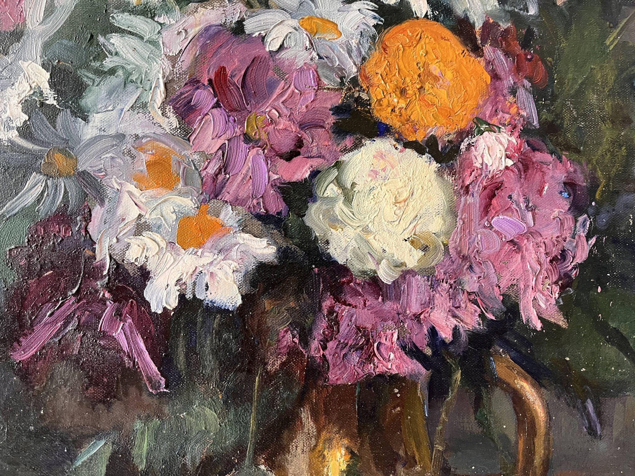 Large oil on canvas of a still life with flowers 1929, antique painting.