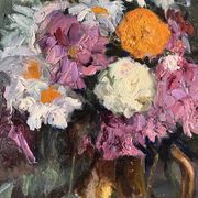 Large oil on canvas of a still life with flowers 1929, antique painting.