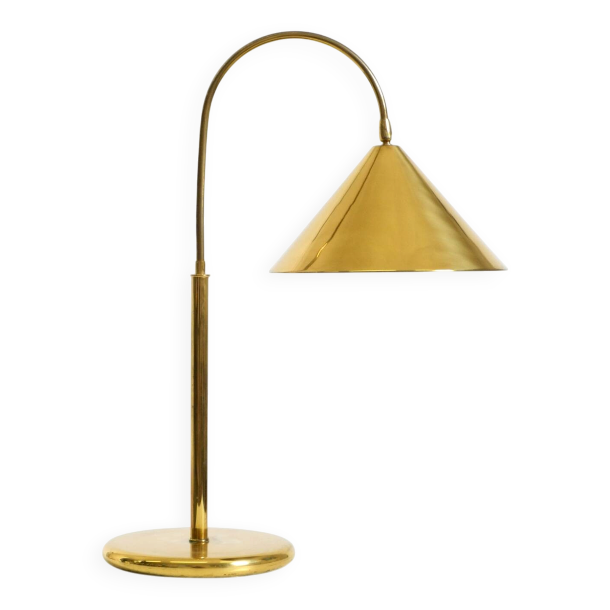 Large original brass table lamp with a conical shade, Mid-Century Modern