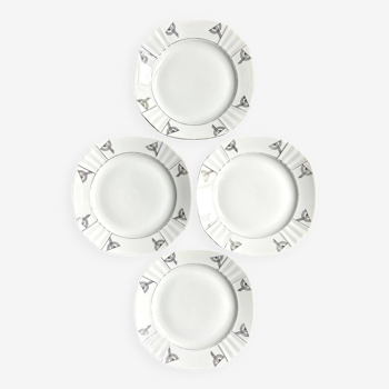 4 assiettes à dessert en porcelaine blanche et argentée, service "Casablanca"