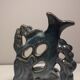 Set of 3 candle holders in glazed ceramic gray blue, shape "fish".
