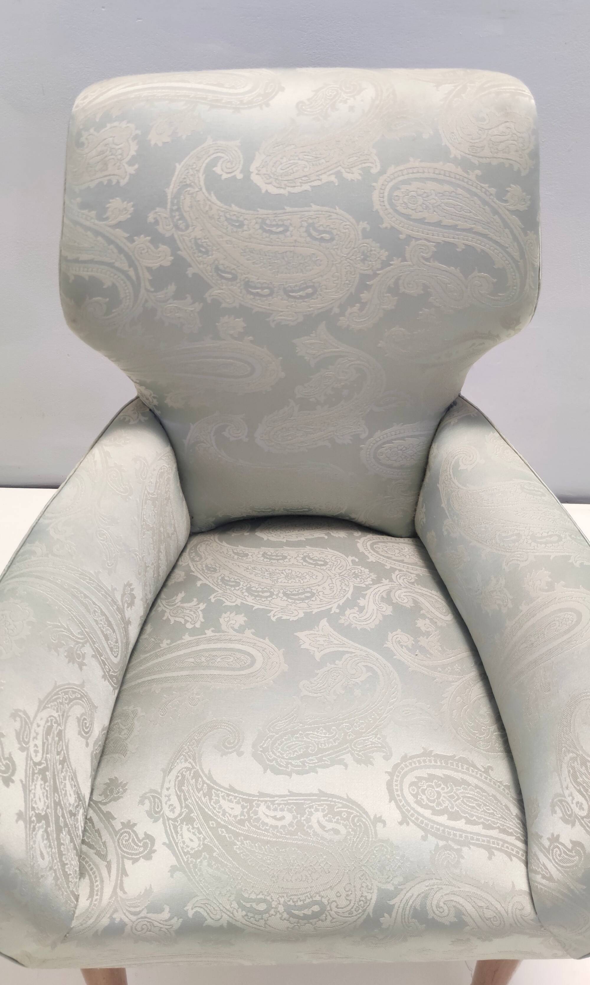 Pair of Grey Satin Lounge Chairs with Walnut Frame and Brass Feet Caps