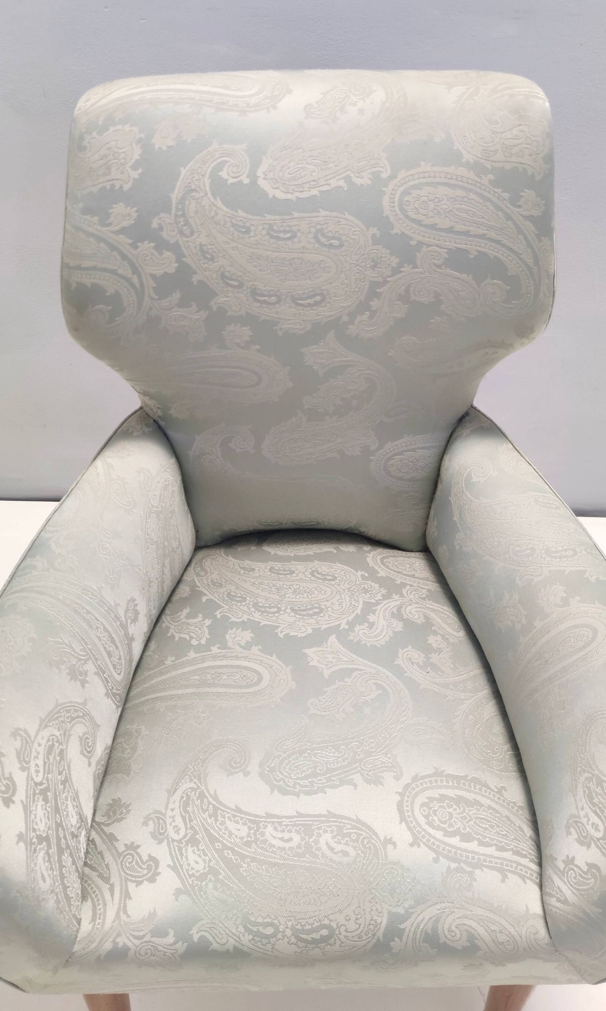 Pair of Grey Satin Lounge Chairs with Walnut Frame and Brass Feet Caps