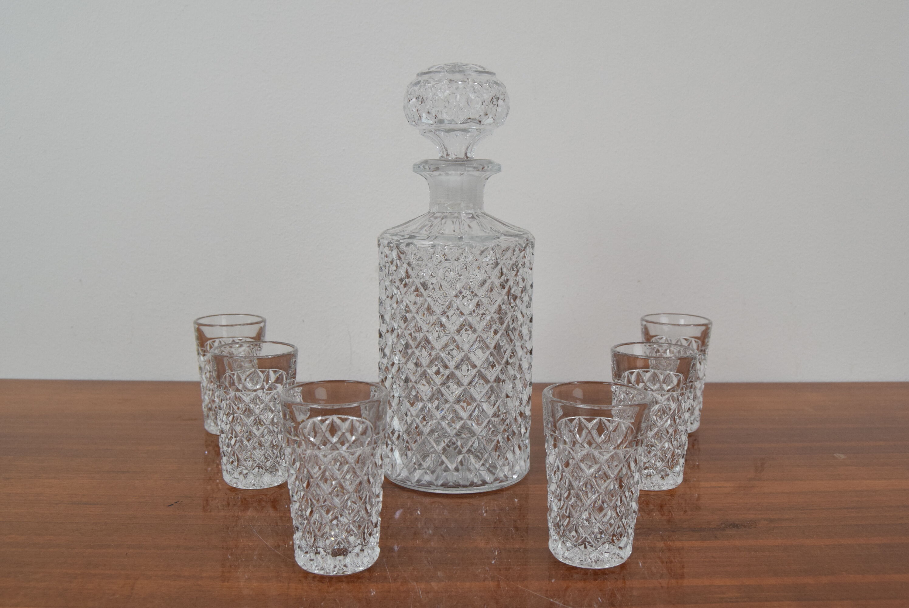 Mid-Century Set of six Glass and Carafe, Bohemia Crystal, 1950´s