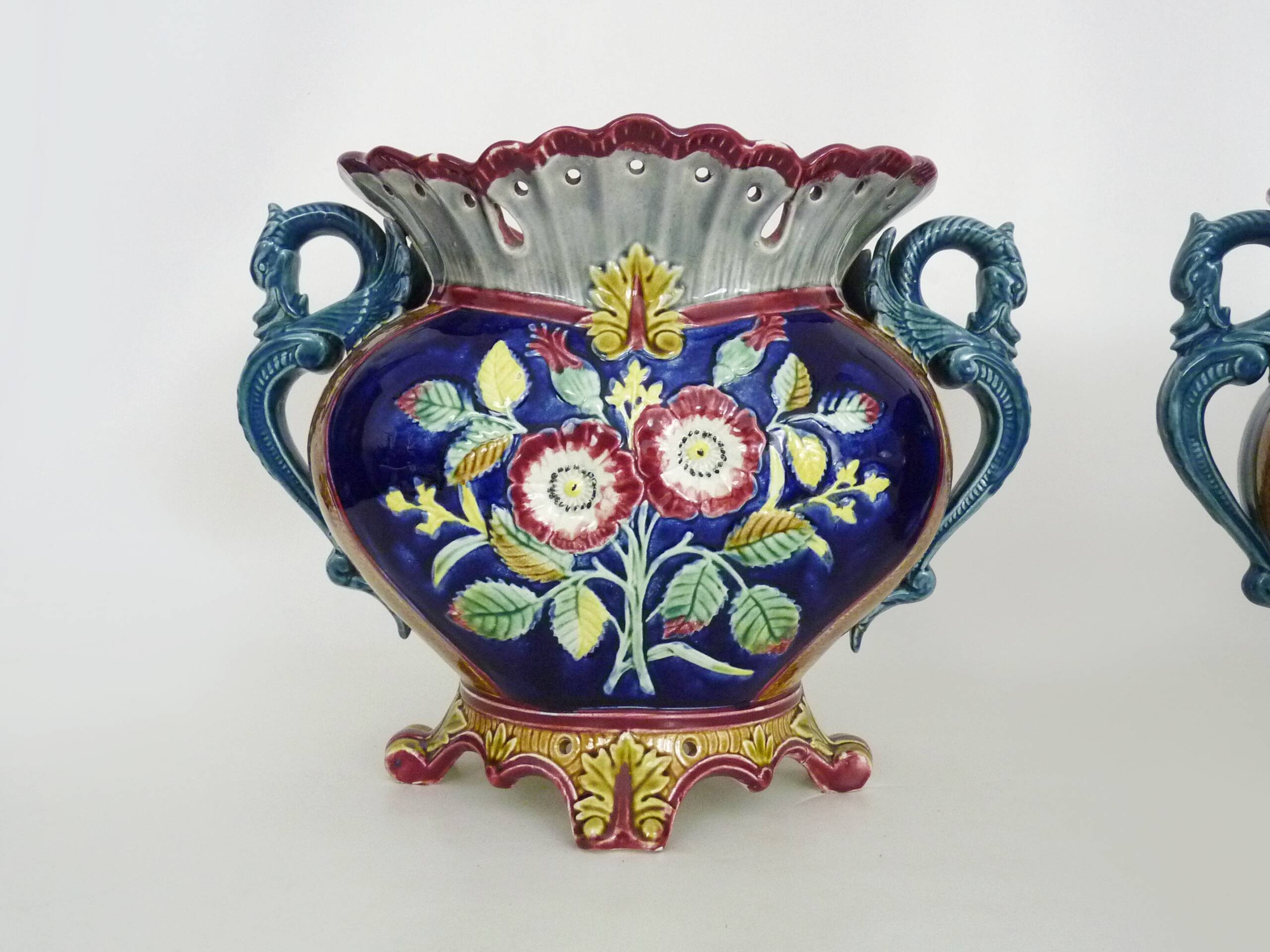 Pair of antique Art Nouveau dragon slip planters