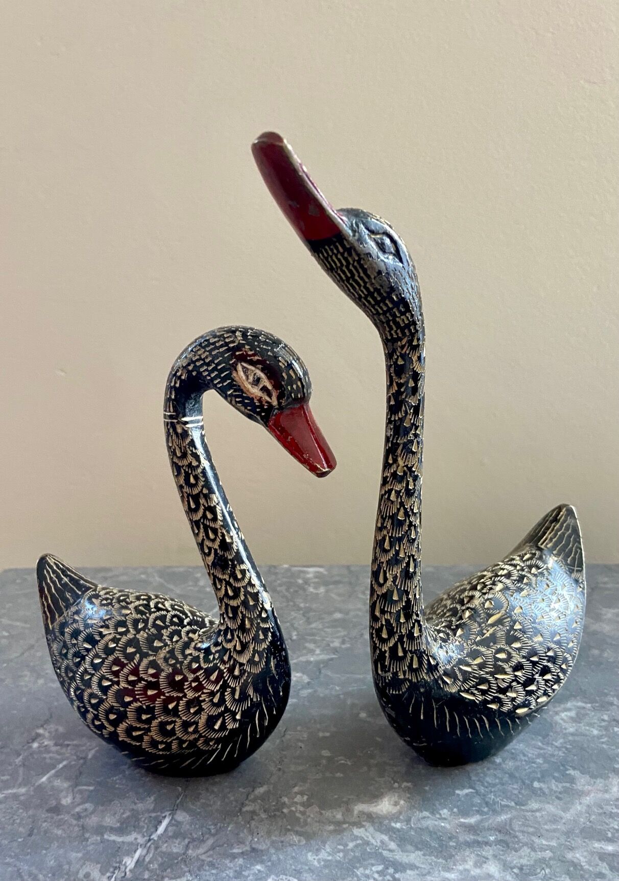 Pair brass swans