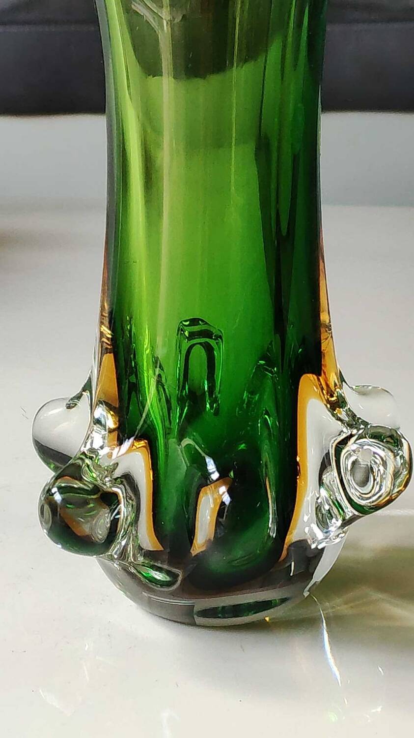 Murano/Flavio Poli vase. Blown art glass, green/amber tones. Organic floral shape. Height 28 cm