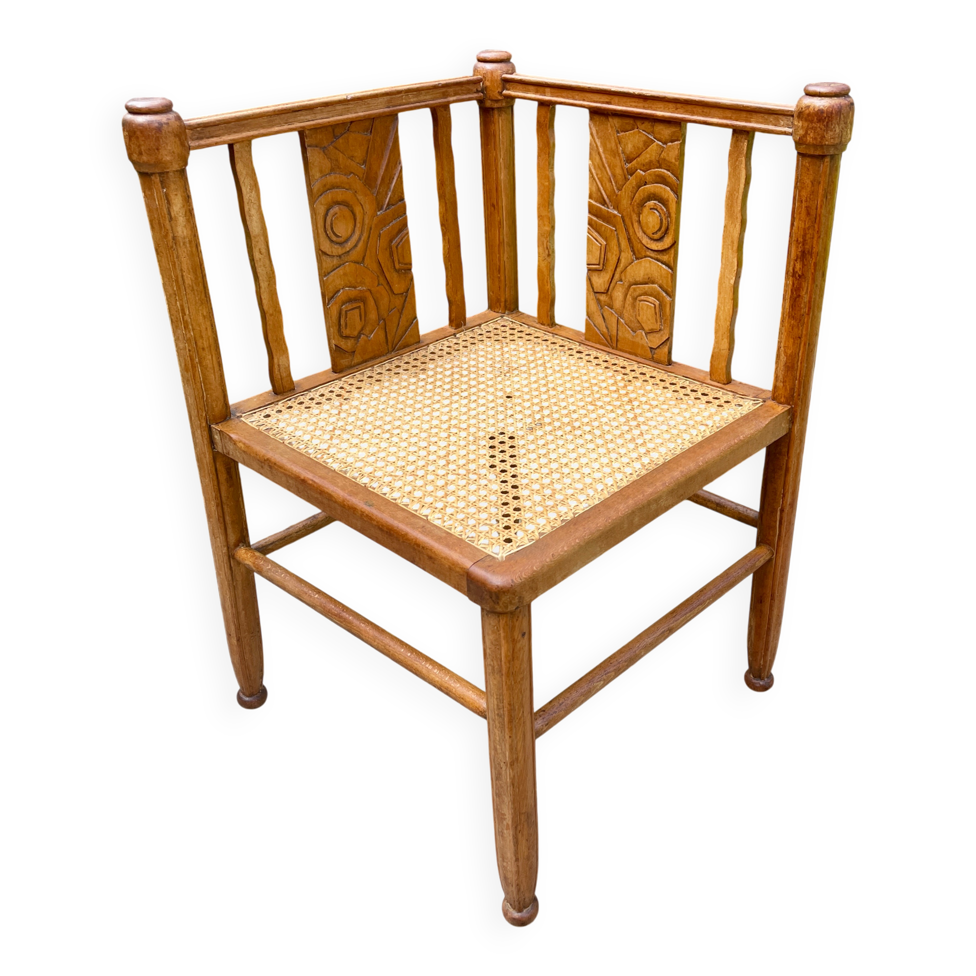 Art Deco corner chair with caning