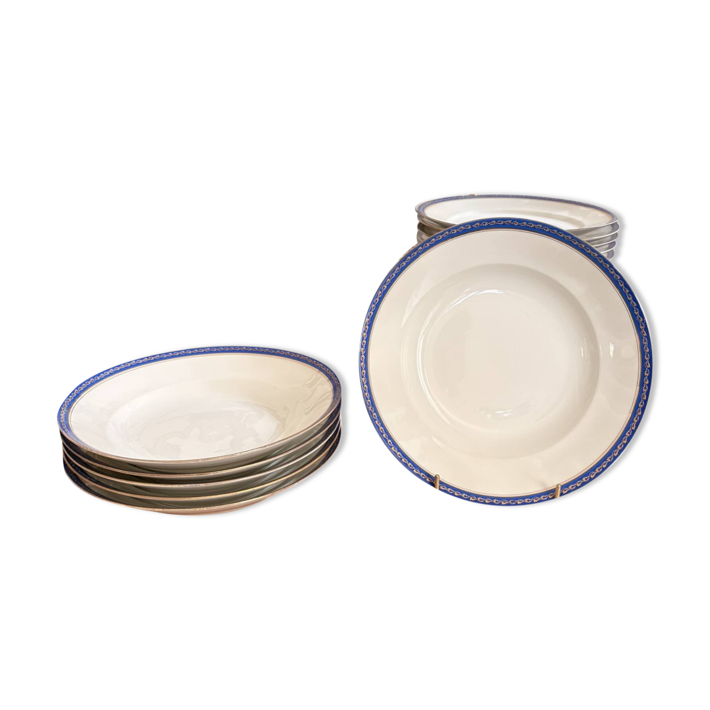 Lot 6 Deep Plates Limoges Porcelain Blue Gold Betoule & Legrand France