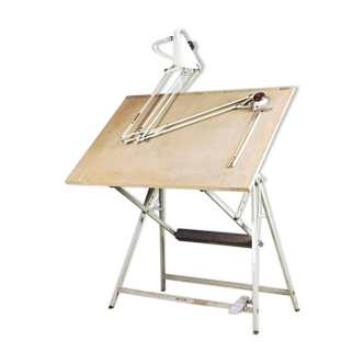 Dutch industrial drawing table with lamp and drafting machine by Rotanex, 1950