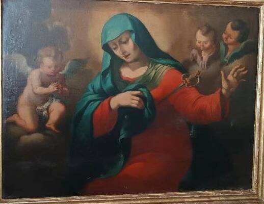 huile sur toile ancienne représentant la Vierge en deuil - époque baroque