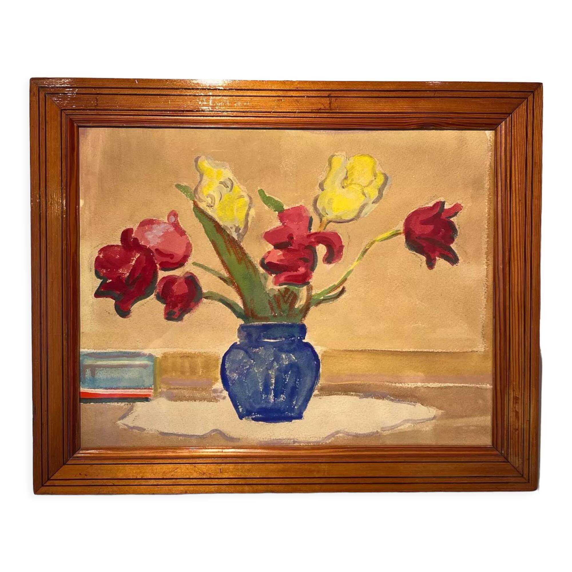 Old painting, still life with tulips, 70-80s