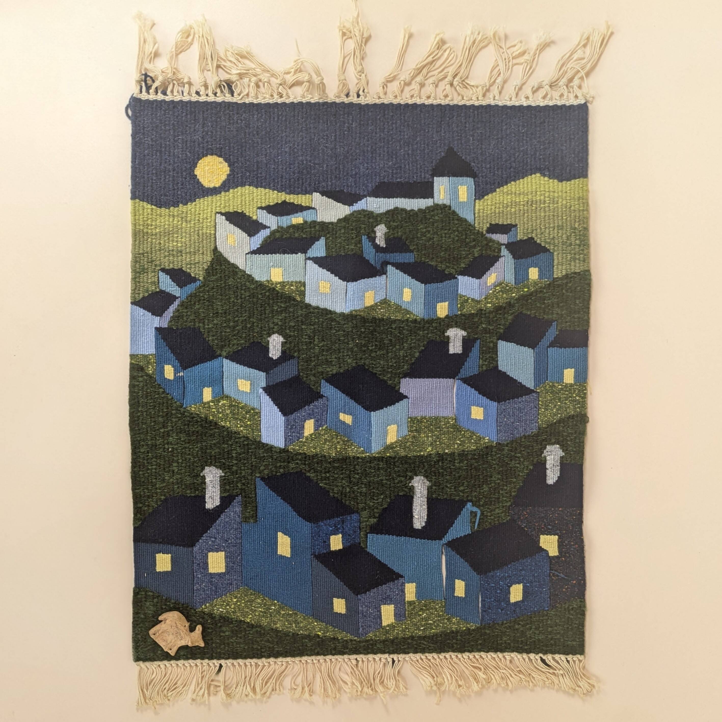 Vintage Handwoven Tapestry Village Scene Under the Full Moon
