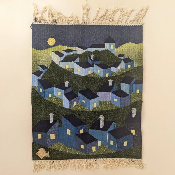 Tapisserie Vintage Tissée à la Main Scène de Village sous la Pleine Lune