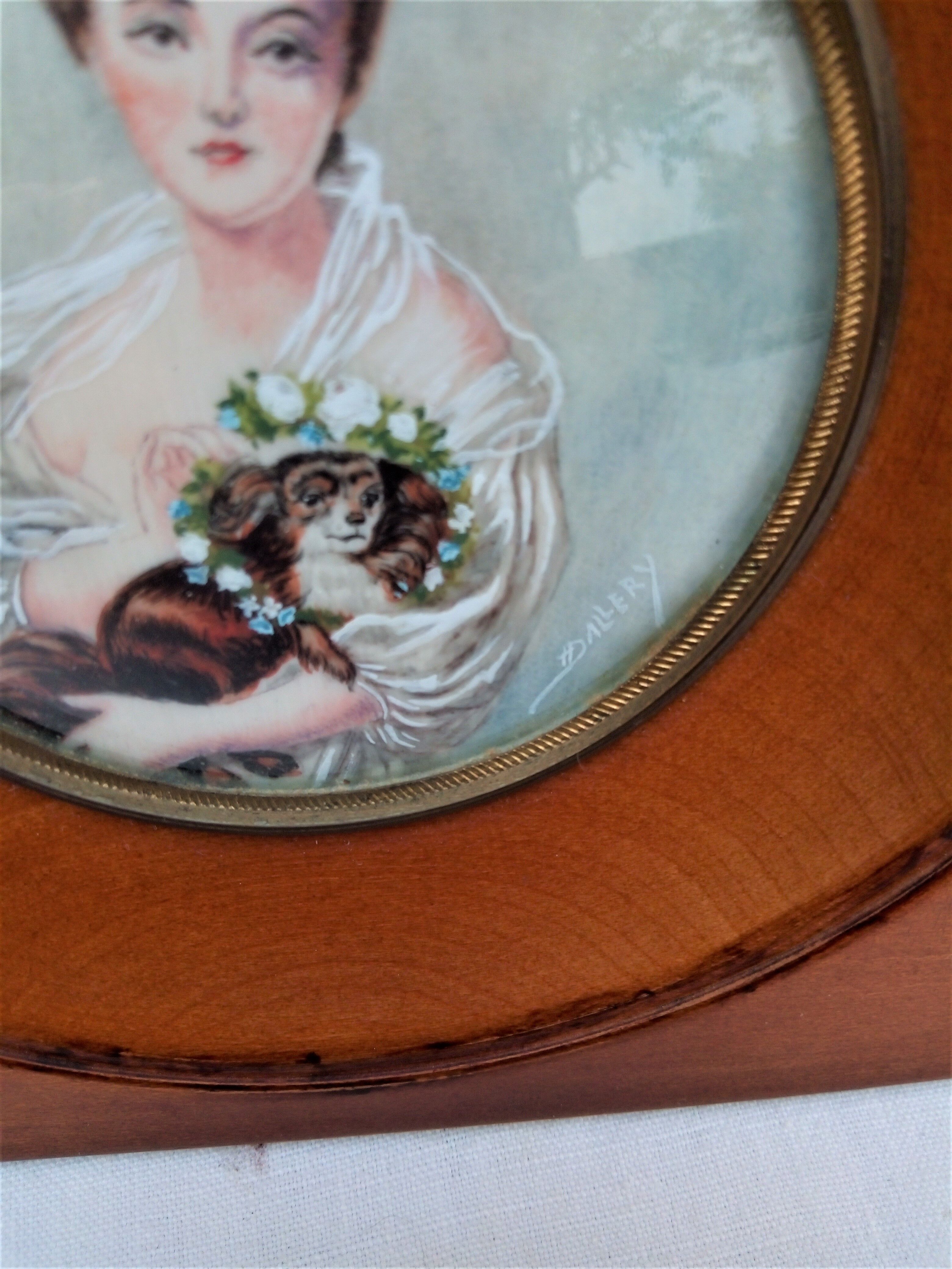 miniature painting. Young girl with dog. Signed Dallery.