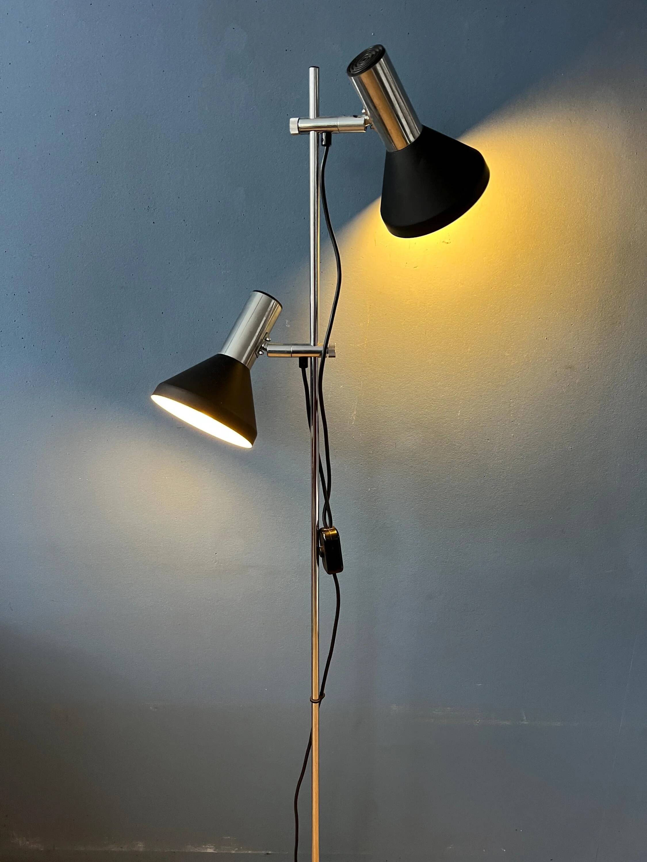 Mid-century black vintage floor lamp with two aluminium spots.