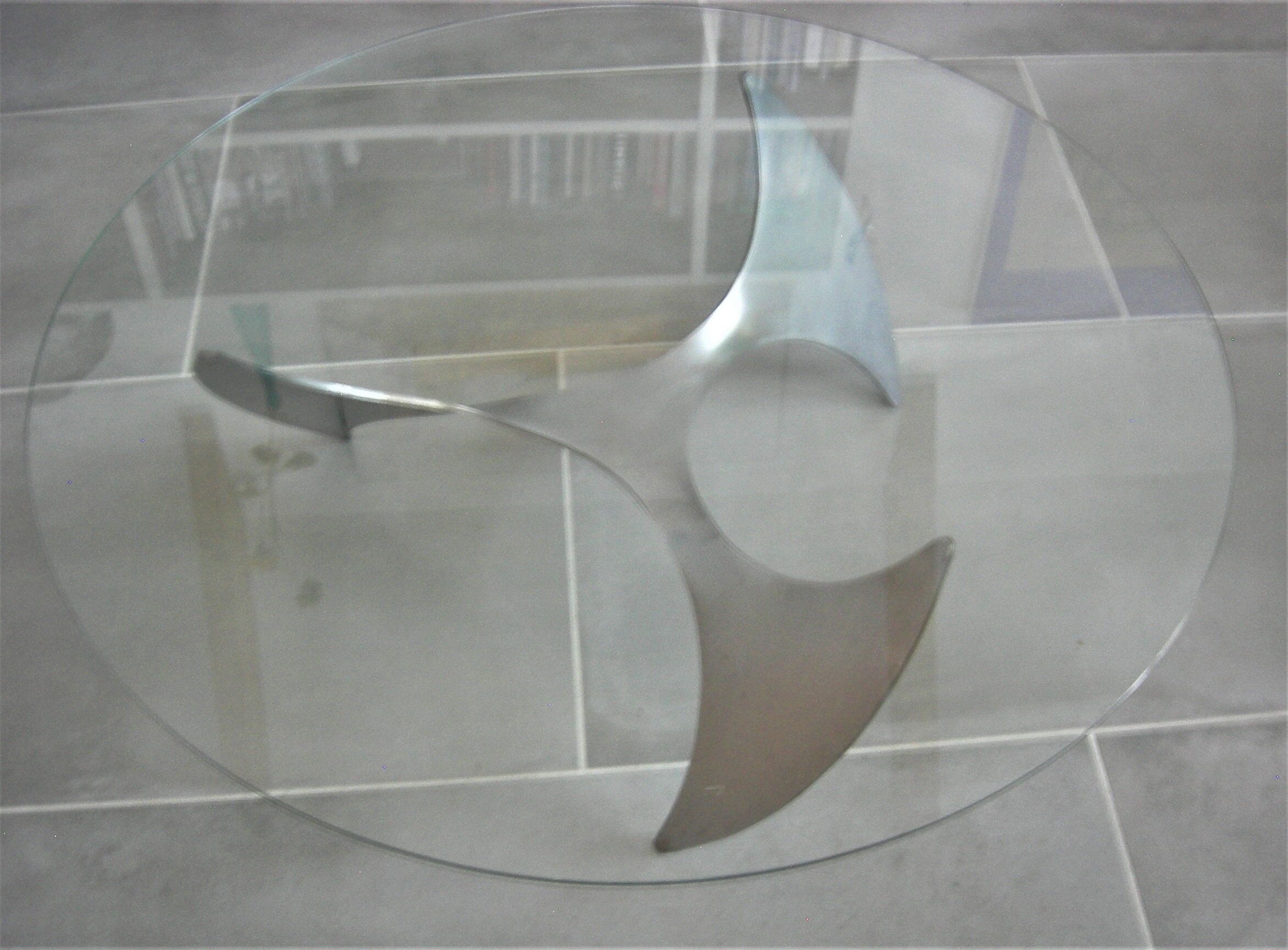 Propeller Round Coffee Table (Helix) by Knut Hesterberg Glass Plate and Metal Base